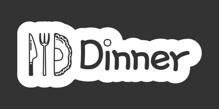 Dinner black and white line drawing sticker. Evening meal. Fork knife with plate. Dinnertime. Doodle outline illustration isolated. Minimal planner icon label design. Monochrome printable clipartのイラスト素材