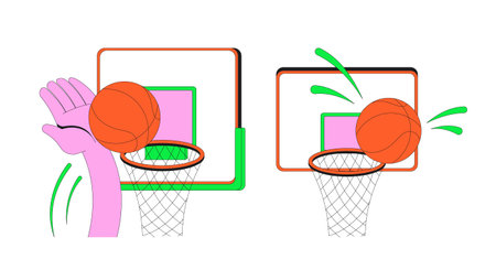 Funky slam dunk and missing hoop modern flash message illustration set. Basketball scoring. Athletic...
