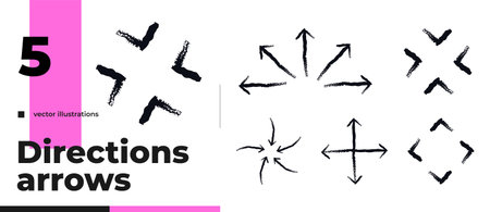 Directional black grunge doodle arrow set. Multiple directions. Freehand sketchy cliparts in rough brush stroke style. Simple hand drawn vector overlays for emphasis. Graphic design elements packのイラスト素材