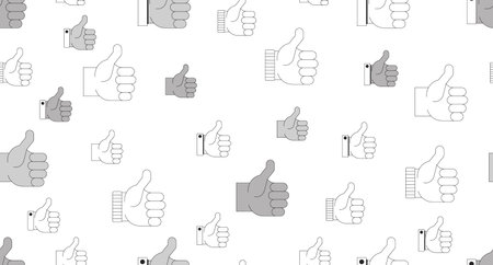 Social media thumbs up black and white repeating pattern. Like support. Endless tileable background. Line art illustration. Outline icon motif. Decorative repetition. All over print compositionのイラスト素材
