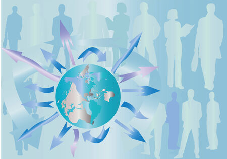 Abstract background in light blue tones with the continent outlines, arrows and people silhouettes のイラスト素材