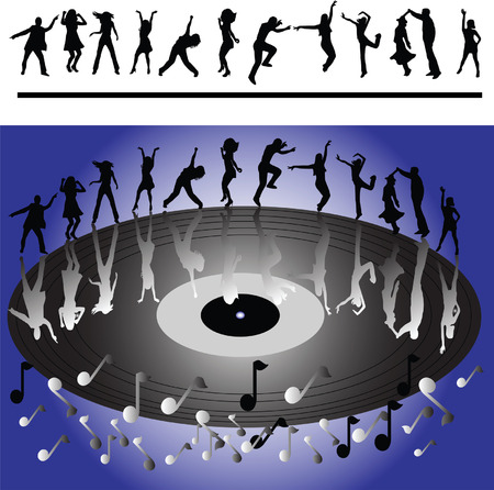 Silhouettes of people dancing disco, vector backgroundのイラスト素材