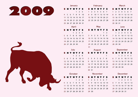 2009 calendar with ox (symbol of 2009 year). Starts Sunday. のイラスト素材