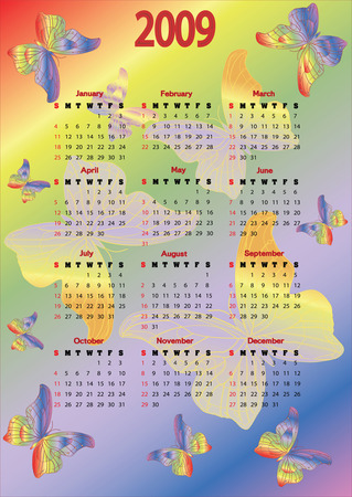 2009 coloured calendar with butterflies. Starts Sundayのイラスト素材