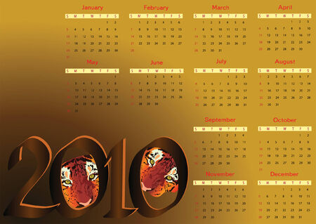 2010 calendar with tigers. Horizontal orientation. Starts Sundayのイラスト素材