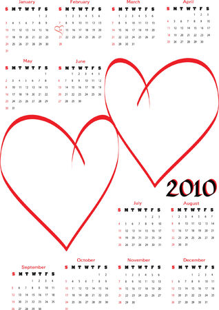 2010 calendar with blank hearts for lovers photos. Vertical orientation, starts Sundayのイラスト素材