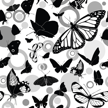 Seamless black-and-white pattern with butterfliesのイラスト素材