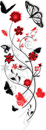 Floral ornament with butterflies, red and blackのイラスト素材