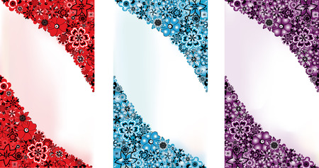 Abstract flowers backgrounds in 3 colours  red, blue and lilac  and space for the textのイラスト素材