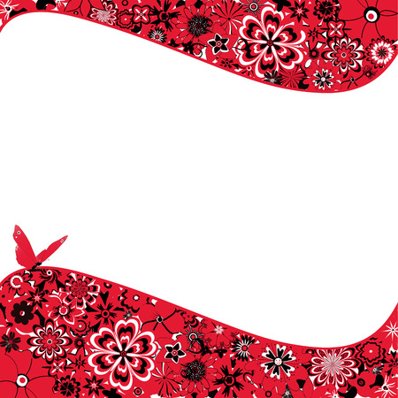 Abstract background with red flowers, a butterfly and space for textのイラスト素材