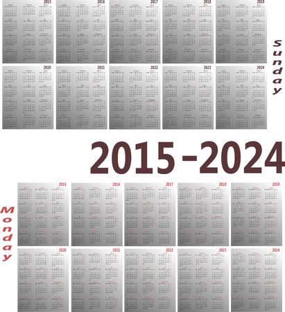 Simple 2015-2024 year vector calendars. Starts both Sunday and Mondayのイラスト素材