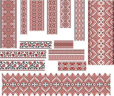 Set of Ukrainian ethnic patterns for embroidery stitch in red and black. Editable.のイラスト素材