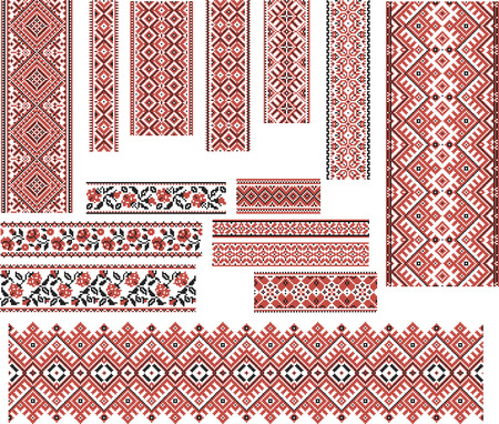 Set of Ukrainian ethnic patterns for embroidery stitch in red and black. Editable.