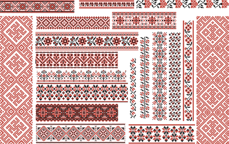 Set of editable ethnic patterns for embroidery stitch in red and blackのイラスト素材