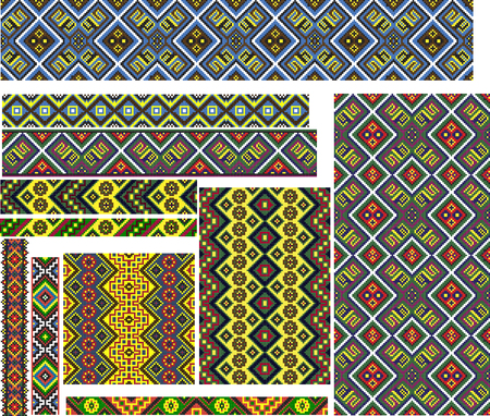 Set of seamless editable colorful geometric ethnic patterns for embroidery stitch.のイラスト素材