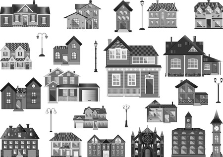 Set of flat town houses and buildings, clip-art in grayscale.のイラスト素材
