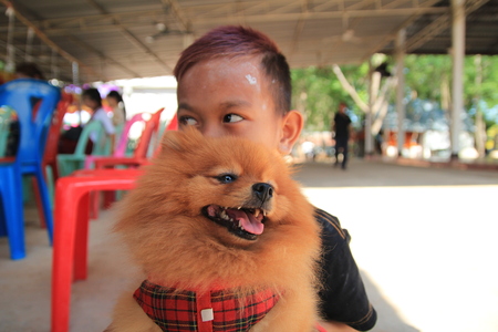 Dogs and children love each other.のeditorial素材