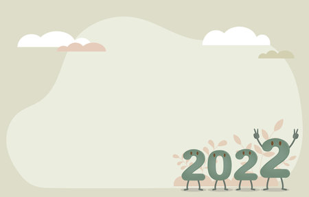 Happy New Year 2022 in green gradient screen, 2022 cartoon characters and the last 2 characters show two fingers of happiness. Vector Illustration Eps10.のイラスト素材