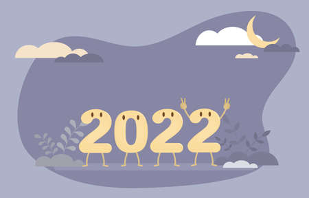 Happy new year 2022 new year begins cartoon character 2 holding up two fingers showing happiness. Vector Illustration Eps10.のイラスト素材