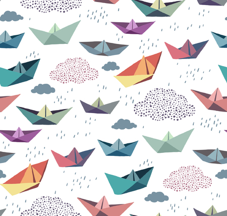 Seamless pattern with color paper ships and cloudsのイラスト素材