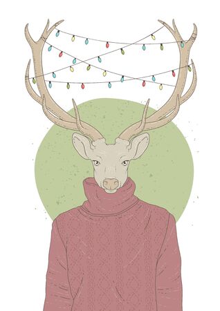Illustration with portrait of deer in pullover and christmas garland. Vector illustration isolated on white.のイラスト素材