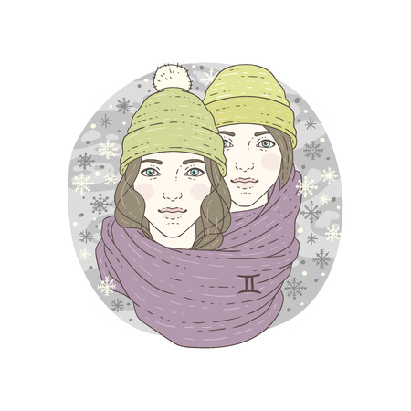 Gemini zodiac sign. Winter season illustration. Vector illustration isolated on white.のイラスト素材