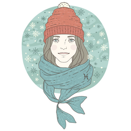 Pisces zodiac sign. Winter season illustration. Vector illustration isolated on white.のイラスト素材