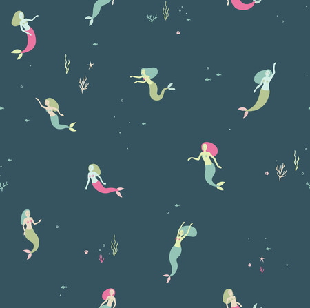Seamless pattern with mermaids on a dark backgroundのイラスト素材