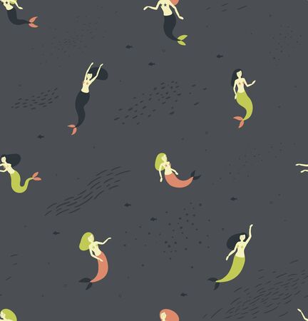 Seamless pattern with colored mermaids on a grey backgroundのイラスト素材