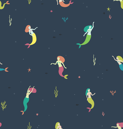 Seamless pattern with mermaids on a dark blue backgroundのイラスト素材