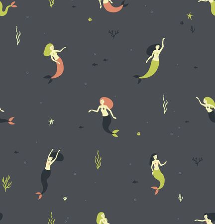 Seamless pattern with mermaids on a grey backgroundのイラスト素材