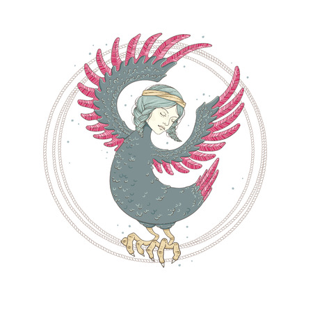 Sirin Bird. Mythological bird. Russian folklore. Creature with the body of a bird and the head of a womanのイラスト素材