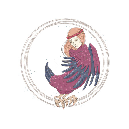 Sirin Bird. Mythological bird. Russian folklore. Isolated objects on white background. Vector illustration.のイラスト素材