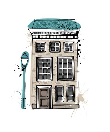 Illustration of a townhouse. Hand drawn vector illustration isolated on white backgroundのイラスト素材