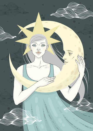 Girl with moon. Vector illustration.のイラスト素材