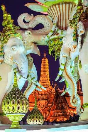 Pink Erawan statues and Wat Phra Kaew,Bangkok,Thailand.のeditorial素材