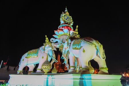 Three Erawan statues in front of Wat Phra Kaew,Bangkok,Thailand. Built for the occasion of celebrating the 84th birthday of His Majesty the King of Thailand.のeditorial素材