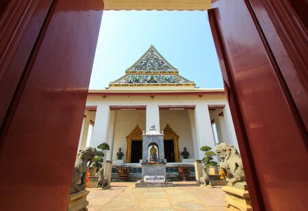 Chinese-style ordination hall of Wat Rajorasaram,Bangkok,Thailand.Non English texts mean ordination...
