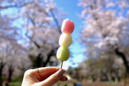 Hanami dango has three colors,traditionally made during Sakura-viewing season:Asukayama Park in Kita,Tokyo,Japanの写真素材