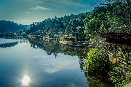 Beautiful scenery of Chinese community and reservoir of Ban Rak Thai Village,near Thai-Myanmar border,Mae Hong Son province,Northern Thailand.の写真素材