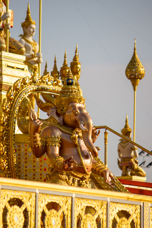 Exhibition on royal cremation ceremony of His Majesty King Bhumibol Adulyadej,Sanam Luang Ceremonial Ground,Bangkok,Thailand on November25,2017:Sculptures of mythical creatures surround the Royal Crematoriumのeditorial素材