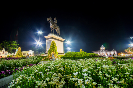 Royal winter festival,"Oon Ai Rak Klay Kwam Nao",Royal Plaza,Dusit Palace and Sanam Suea Pa,Bangkok,Thailand on February16,2018:Equestrian Statue of King Chulalongkorn and Anantasamakhom Throne Hall.のeditorial素材