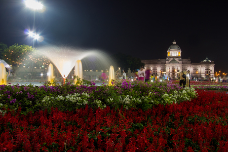 Royal winter festival,"Oon Ai Rak Klay Kwam Nao",Royal Plaza,Dusit Palace and Sanam Suea Pa,Bangkok,Thailand on February16,2018:Anantasamakhom Throne Hall and beautiful fountains.のeditorial素材