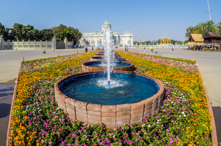 Royal winter festival,Un Ai Rak Khlai Khwam Nao,at Royal Plaza,Dusit Palace and Sanam Suea Pa,Bangkok,Thailand on March3,2018:Anantasamakhom Throne Hall and beautiful fountains.のeditorial素材