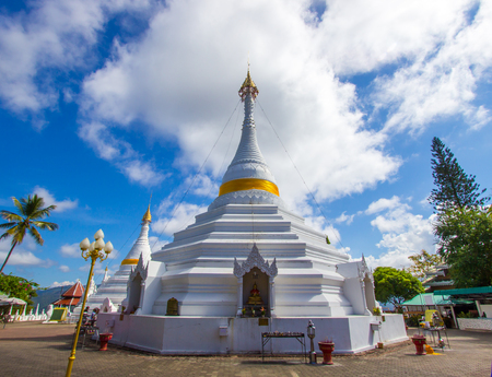 Mae Hong Son province,Northern Thailand on November 19,2017: Burmese style white chedis with beautiful sky at Wat Phra That Doi Kong Mu.のeditorial素材