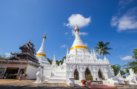 Mae Hong Son province,Northern Thailand on November 19,2017: Burmese style white chedis with...