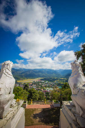 The scenery of Mae Hong Son town,Chong Kham Lake,the airport and forested hills of Burma as seen from Wat Phra That Doi Kong Mu,Mae Hong Son province,Northern Thailand.のeditorial素材