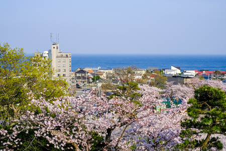 Hakodate,Hokkaido,Japan on April 29,2018: Panoramic view as seen from Meiji-Yama Artificial Mountain in Hakodate Park in springのeditorial素材