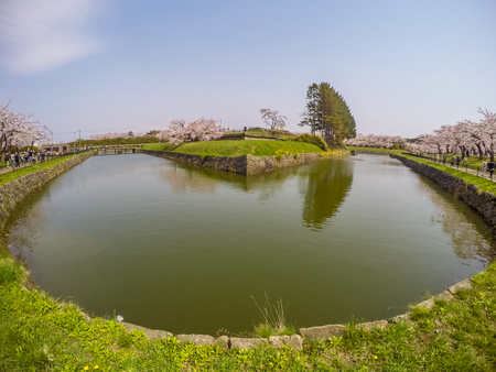 Hakodate,Hokkaido,Japan on April 29,2018:Cherry trees along the moats of Fort Goryokaku in spring.のeditorial素材
