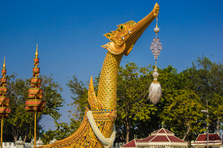 Bangkok,Thailand on March 3,2018 :Replica of Royal Barge Suphannahong in the shape of a mythical swan and a crystal ball hanging from its teeth.のeditorial素材